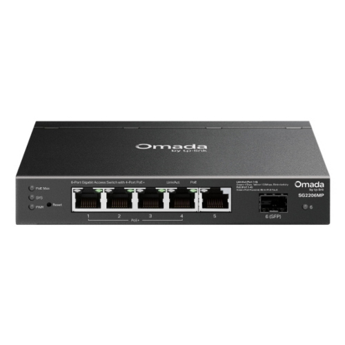 SWITCH 6P Gigabit TP-LINK SG2206MP con 5P Gigabit RJ45 (di cui 4P PoE+) + 1P SFP,802.3at/af- Alim.63W PoE