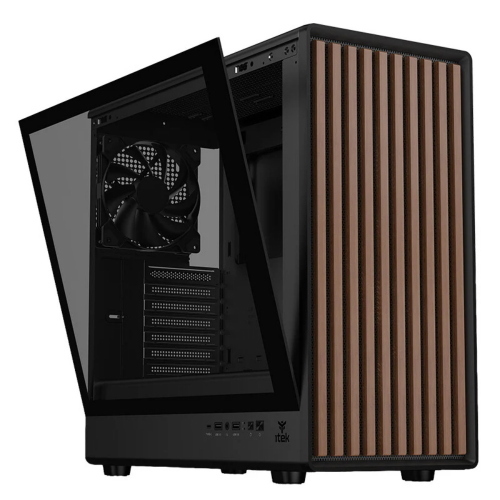 ITEK Case WOODY W2B - Gaming Tower- ATX- 4x14cm Black fan- 2xUSB3- Type-C- Wood Front- Darker Temp Glass Side Panel