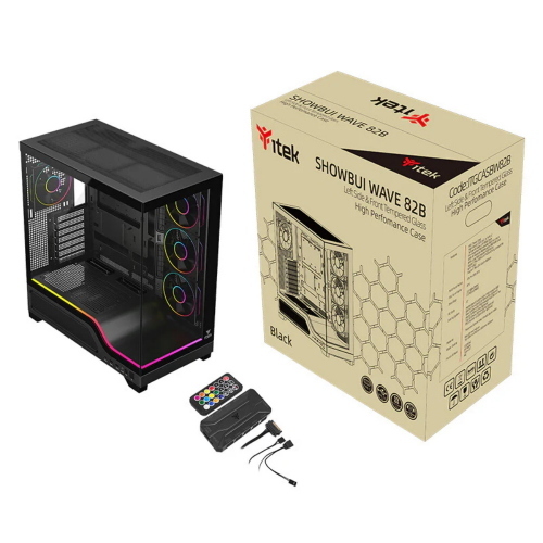 ITEK Case SHOWBUI WAVE 82B - Gaming Tower- ATX- 4x12cm ARGB fan- 2xUSB3- Type-C- Darker Temp Glass Side & Front Panel