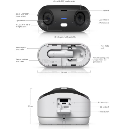 Ubiquiti - UVC-G6-180-W - Telecamera PoE+ a doppio sensore da 16 MP e 20 FPS per uso interno ed esterno, con motore AI Multi-TOPS e copertura panoramica a 180°