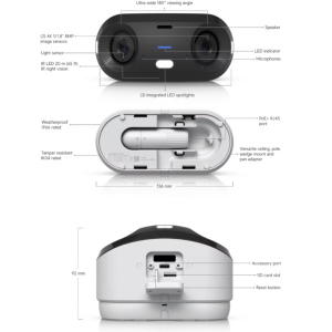 Ubiquiti - UVC-G6-180-W - Telecamera PoE+ a doppio sensore da 16 MP e 20 FPS per uso interno ed esterno, con motore AI Multi-TOPS e copertura panoramica a 180°