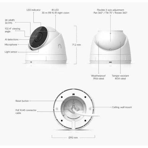 Ubiquiti Unifi G5 Turret Ultra - 2K (4Mp) HD PoE, Low Light 30m IR Night Vision, View 102,4 Indoor/Outdoor IP/PoE, AI Event  UVC-G5-Turret-Ultra