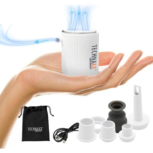 Mini compressore a batteria TX-261 di Technaxx con una batteria ricaricabile da 1360 mAh per gonfiare materassi ad aria, letti gonfiabili, cuscini e giocattoli - 5 ugelli, cavo di ricarica