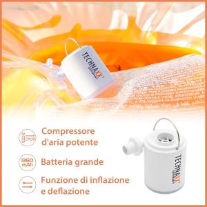Mini compressore a batteria TX-261 di Technaxx con una batteria ricaricabile da 1360 mAh per gonfiare materassi ad aria, letti gonfiabili, cuscini e giocattoli - 5 ugelli, cavo di ricarica
