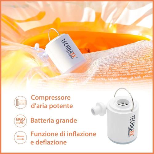 Mini compressore a batteria TX-261 di Technaxx con una batteria ricaricabile da 1360 mAh per gonfiare materassi ad aria, letti gonfiabili, cuscini e giocattoli - 5 ugelli, cavo di ricarica