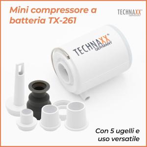 Mini compressore a batteria TX-261 di Technaxx con una batteria ricaricabile da 1360 mAh per gonfiare materassi ad aria, letti gonfiabili, cuscini e giocattoli - 5 ugelli, cavo di ricarica