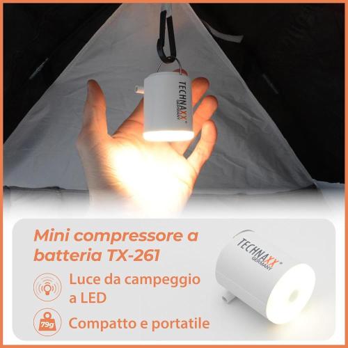 Mini compressore a batteria TX-261 di Technaxx con una batteria ricaricabile da 1360 mAh per gonfiare materassi ad aria, letti gonfiabili, cuscini e giocattoli - 5 ugelli, cavo di ricarica