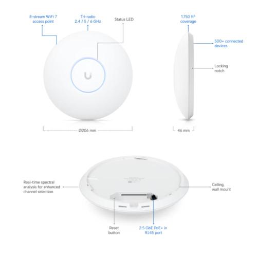 Wireless Access Point Wi-Fi 7 UBIQUITI U7-Pro-Max con mont. a parete/soff. 1P RJ45 da 1/2.5Gbps - Tri-Band