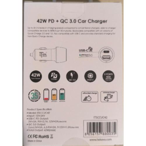 ITEK Caricabatteria per auto da 42W, 6A(2x3A) con 2 porte: PD+QC3.0, Smart IC