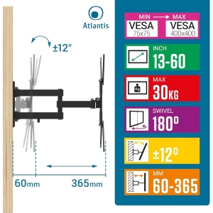 Staffa / Supporto a muro per Monitor e TV LED/LCD - max 30Kg - Allungabile Nero - VESA: 75X75/400X400