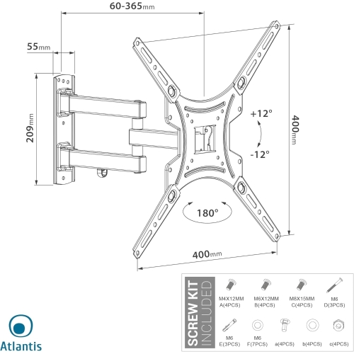 Staffa / Supporto a muro per Monitor e TV LED/LCD - max 30Kg - Allungabile Nero - VESA: 75X75/400X400