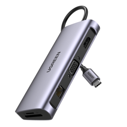 UGREEN Adattatore USB Type-C, 10 in 1, HDMI, VGA, Ethern., SD/TF, PD 100W, 3xUSB3, AUX3.5 (Gray)