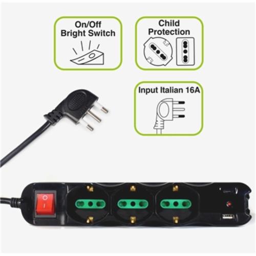 MULTIPRESA 9P TECNOWARE FMP9IIGUSB ITA 16A - (3SCHUKO/ITA - BIPASSO) + 6ITA 10/16A + 1XUSB +1XUSBTYPEC +INTERRUTTORE NERA (BULK)