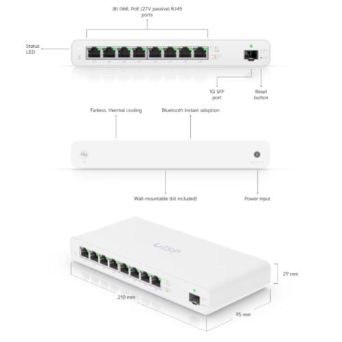 Ubiquiti Networks UniFi Switch 8 porte GbLan POE UISP-S LAYER 2 8P GBE RJ45 1P SFP 1G Bianco