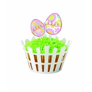 Wilton Confezione 12 cupcake Wrappers staccionata bianca con 24 picks uovo, per cake design, pasta di zucchero e pasticceria