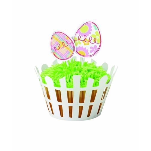 Wilton Confezione 12 cupcake Wrappers staccionata bianca con 24 picks uovo, per cake design, pasta di zucchero e pasticceria